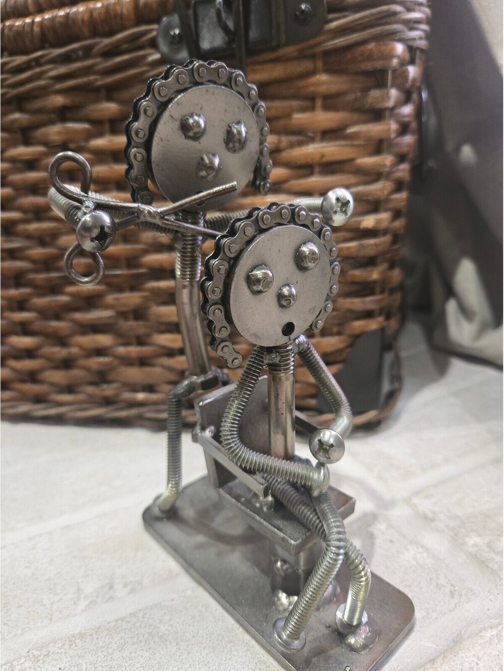 Metal hairstylist and client sculpture figurine